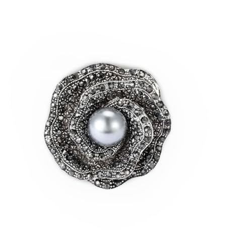 Brooch Pin, Vintage Floral Design In Antique Silver Tone Zinc Alloy With Grey Crystals And Faux Pearl Center - color: MM-BR-0005-GM