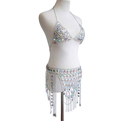 Rhinestone Body Chain Suit Boho Waist Belly Chain Skirt Crystal Body Chain Bra top Festival Jewelry for Women and Girls (Ⅰ) - color: Ⅰ