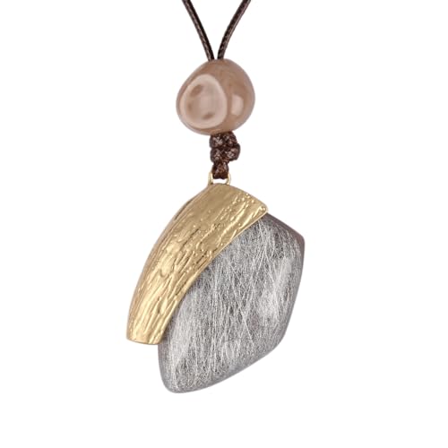 Jeilwiy Chunky Necklaces for Women Leather Cord Necklace with Pendant Boho Long Sweater Necklace Vintage Jewelry - style: Grey Stone Necklace
