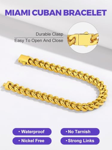 Richsteel Gold/Black/Silver Cuban Link Bracelet for Men,5/7/9/12MM Width | 316L Stainless Steel Chain Wrist Bracelet, Waterproof, No Tarnish, Hypoallergenic Hip Hop Jewelry, with Gift Box - color: 02-Gold Plated 7mm Width