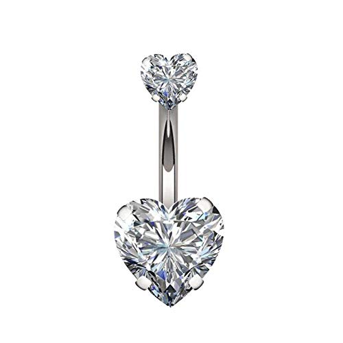 YHMM 14G Surgical Steel Belly Button Rings Double Heart Cubic Zirconia Navel Barbell Stud Body Piercing - color: A: Silver Tone