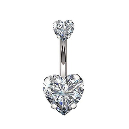 YHMM 14G Surgical Steel Belly Button Rings Double Heart Cubic Zirconia Navel Barbell Stud Body Piercing - color: A: Silver Tone