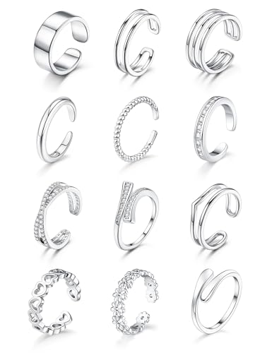 12Pcs Toe Rings for Women - 14K Gold Filled Toe Ring Non Tarnish Adjustable Simple Hug CZ Thin Band Toe Rings Summer Beach Foot Jewelry for Women - style: B-Silver