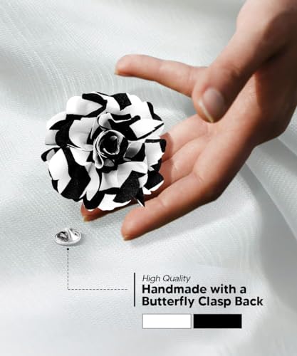 Premium Men's Formal Striped Flower Lapel Pin - Boutonniere for Men, Flower Brooch Pin - color: Black/White