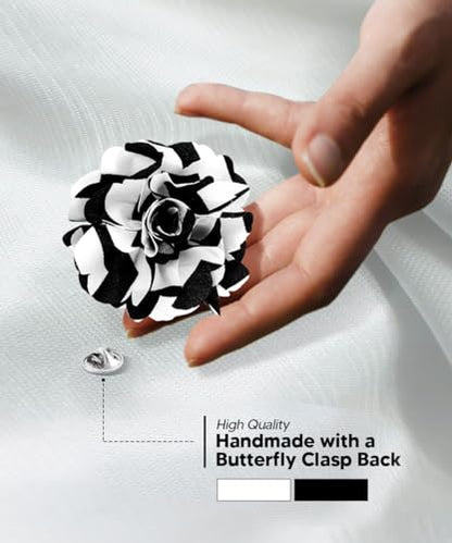 Premium Men's Formal Striped Flower Lapel Pin - Boutonniere for Men, Flower Brooch Pin - color: Black/White