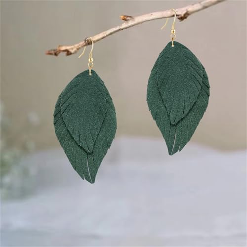 Genuine Leather Handmade Fringe Feather Lightweight Dangle Drop Earrings Teardrop Tassel Hook Earrings for Women - style: 2 Grass Green