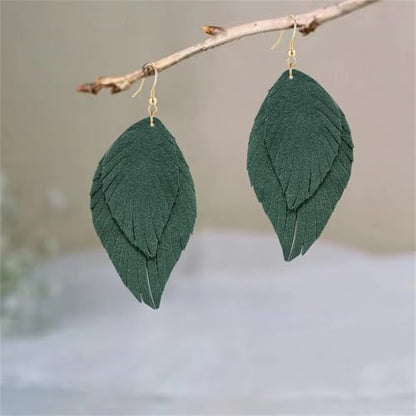 Genuine Leather Handmade Fringe Feather Lightweight Dangle Drop Earrings Teardrop Tassel Hook Earrings for Women - style: 2 Grass Green