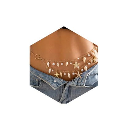14K Gold Plated Waist Chain for Women Layered Waist Beads Belly Chain Belt, Waterproof Summer Beach Body Jewelry for Bikini, Festival Vacation Accessories for Women - style: Star Shell Pearl