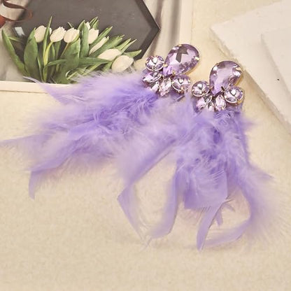 Long Feather Earrings for Women Bohemian Crystal Zirconia Dangle Feather Earrings Crystal Tassel Feather Earrings Wedding Halloween Prom Jewelry - color: Purple