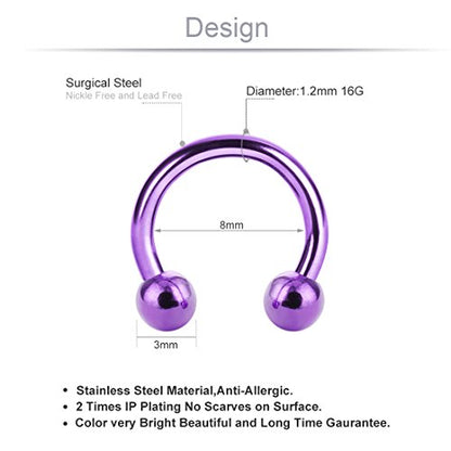 8pcs Unisex Surgical Steel 16G Septum Rings Horseshoe Hoop Nose Piercing Lip Nipple Eyebrow Rings Tragus Cartilage Earrings for Women Men