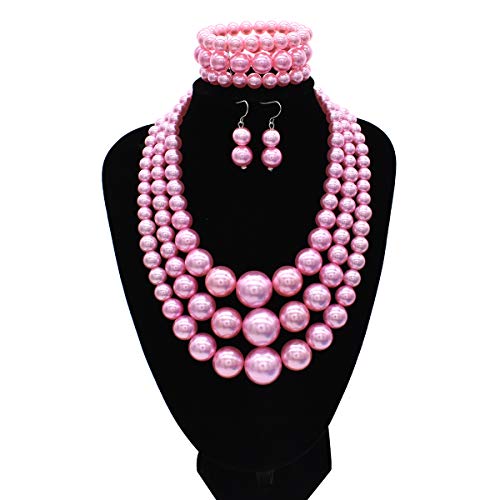 Big Chunky Pearl Necklace and Earrings Set Large Costume 1920s Faux Pearls Gatsby Accessories - color: A-Pink