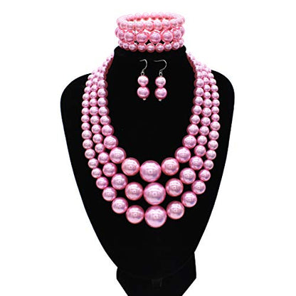 Big Chunky Pearl Necklace and Earrings Set Large Costume 1920s Faux Pearls Gatsby Accessories - color: A-Pink