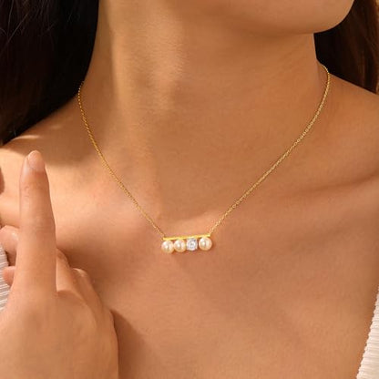 S925 Sterling Silver Dainty Peral Necklaces for Women 18K Gold Plated Pearl Bar Drop Pendant Choker Necklace Y-Shaped Adjustable Chain Hypoallergenic Womens Jewelry Gifts Fashion Accessories - color: Gold-CZ & Bar
