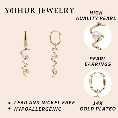 YOIHUR Drop Dangle Pearl Earrings for Women, Dainty 14K Gold Plated Pearl Hoop Earrings Hypoallergenic Wedding Pearls Dangle Earrings Jewelry Gift for Women Bridal - color: Gold-Special Pearl Earrings