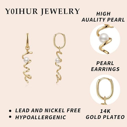 YOIHUR Drop Dangle Pearl Earrings for Women, Dainty 14K Gold Plated Pearl Hoop Earrings Hypoallergenic Wedding Pearls Dangle Earrings Jewelry Gift for Women Bridal - color: Gold-Special Pearl Earrings