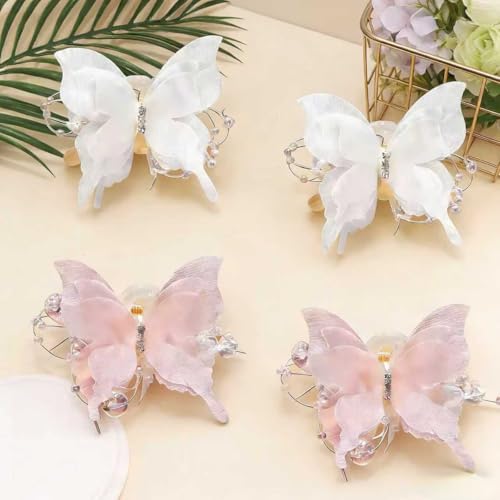 4PCS Butterfly Hair Clips,2" Small Tulle Mesh Butterfly Hair Bows for Girls, Toddlers & Kids- Pearl Decorated hair claw clips，Girls Hair Accessories for Party Birthday Wedding(Pink,White)