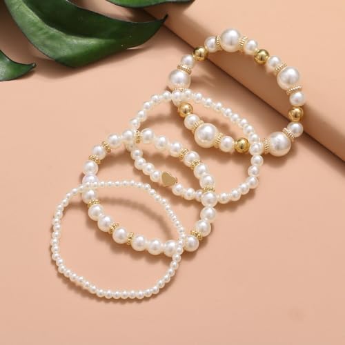 White Pearls Layered Stretch Bracelets Set For Women Simulated Pearl Stackable Stretch Multi layered Elastic Bracelets Jewelry