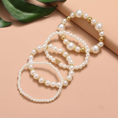 White Pearls Layered Stretch Bracelets Set For Women Simulated Pearl Stackable Stretch Multi layered Elastic Bracelets Jewelry
