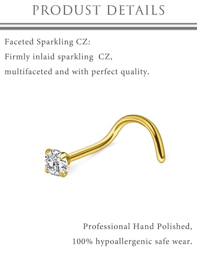 Hoeudjo Hypoallergenic Nose Rings Studs 24G Surgical Stainless Steel Cubic Zirconia Nose Studs for Women Men Screw & Bone & L Shaped Nostril Piercing Jewelry with 1.5mm 2mm 2.5mm 3mm CZ - color: goldtone,screw nose studs