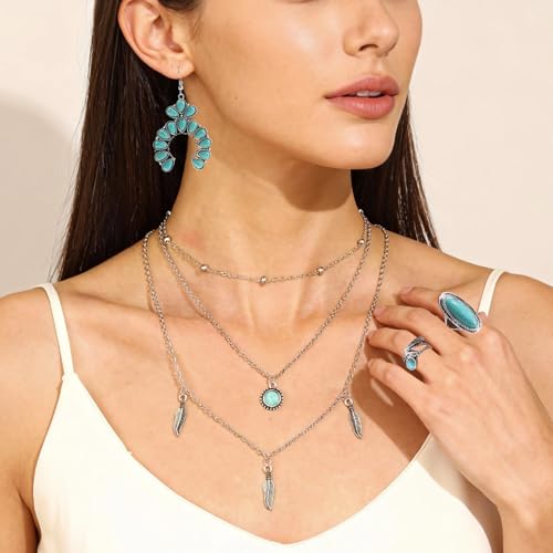 Western Jewelry Sets for Women Boho Jewelry, Layer Bohemian Necklace Earrings Bracelet, Cowgirl Accessory Rodeo Summer Beach - color: Blue