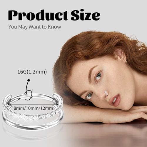 G23 Titanium Conch Piercing Jewelry Hoop: 16G 8mm/10mm/12mm Diamond Cartilage Earring Helix Double Piercing Hoop Septum Rings Hypoallergenic Nose Rings Hinged Segment Clicker Lip Rings Rook Daith Tragus Earrings - color: Silver-Double Layers, One Row CZ
