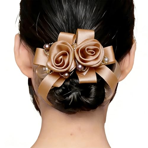 Satin Hair Scrunchie with Rose Flower, Brown and Gold, Pearl Beads, Ribbon Bow, Hair Tie Accessory, 9cm (yellower) - color: yellower