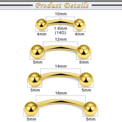 Snake Eyes Piercing Jewelry Tongue Surgical Steel Frog Eyes Tongue Rings 16G 14G Eyebrow Piercing Curbed Barbell Vertical Labret Lip Jewelry Bridge Piercings for Women Men 10mm/12mm/14mm/16mm - color: 14g,goldtone