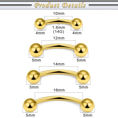 Snake Eyes Piercing Jewelry Tongue Surgical Steel Frog Eyes Tongue Rings 16G 14G Eyebrow Piercing Curbed Barbell Vertical Labret Lip Jewelry Bridge Piercings for Women Men 10mm/12mm/14mm/16mm - color: 14g,goldtone