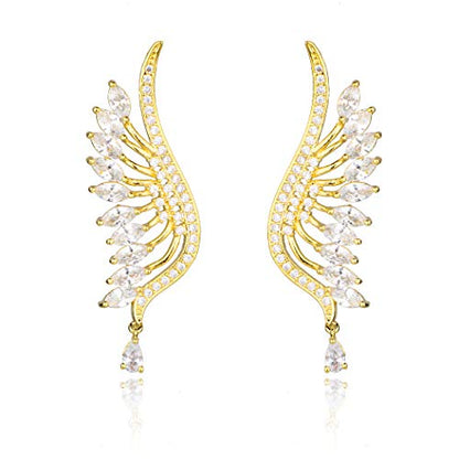 CZ Bridal Earrings for Wedding - 14k Plated Sterling Silver Elegant Teardrop Cubic Zirconia Crystal Rhinestone Floarl Leaf Cluster Chandelier Statement Dangle Drop Earrings for Bride Bridesmaids Party - color: Big Wing - Gold