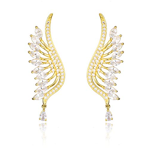 CZ Bridal Earrings for Wedding - 14k Plated Sterling Silver Elegant Teardrop Cubic Zirconia Crystal Rhinestone Floarl Leaf Cluster Chandelier Statement Dangle Drop Earrings for Bride Bridesmaids Party - color: Big Wing - Gold