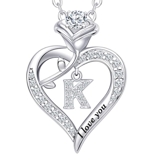 Rose Heart Pendant Necklace Gifts for Wife, Engraved 'I love you' Gift for Wife Girlfriend, Anniversary Birthday Eternity Jewelry Present for Women, Moissanite Necklace Gift for Her - style: K