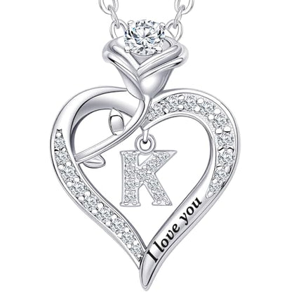 Rose Heart Pendant Necklace Gifts for Wife, Engraved 'I love you' Gift for Wife Girlfriend, Anniversary Birthday Eternity Jewelry Present for Women, Moissanite Necklace Gift for Her - style: K
