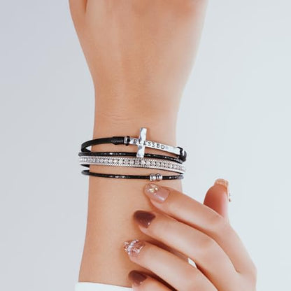 Boho Leather Wrap Bracelets Beaded Stackable Cuff Bracelet Country Concert Outfits Cowboy Cowgirl Western Jewelry Gifts for Women - color: Cross-Black