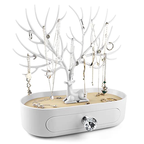 MORE&LESS Antlers Jewelry Display Stand with Drawer and Crystal Handle, Tree Tower Rack Hanging Organizer for Ring Earrings Necklace Bracelet - color: C White-Drawer-Crystal Handle