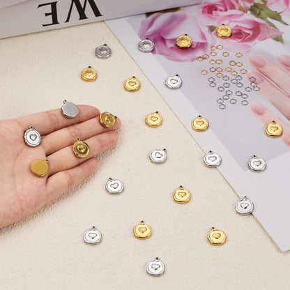 Heart Charms for Jewelry Making Stainless Steel Round Bulk Charm Pendant 2 Colors Charms with Jump Rings - color: Heart Gold Silver
