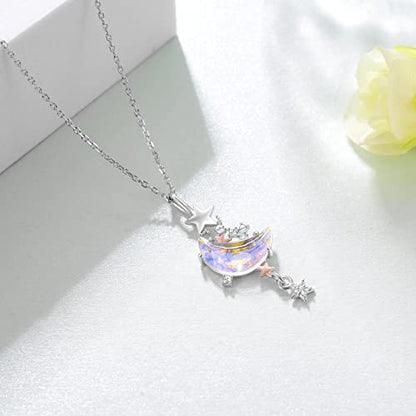 Moonstone Moon Star Necklace for Women 925 Sterling Silver Created Cubic Zirconia Stars Moon Necklaces Anniversary Birthday Jewelry Gift for Women Mom Wife