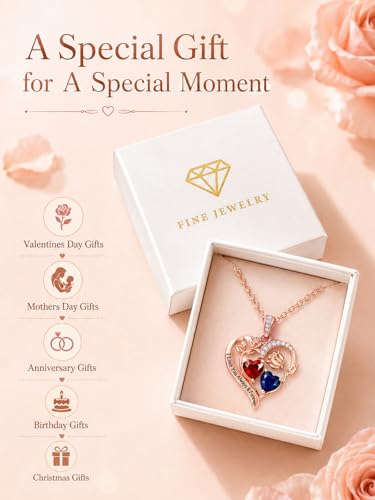 Double Birthstone Necklace for Women Rose Gold Heart Pendant | Flower Necklace Romantic Jewelry Anniversary Wedding Engagement Birthday Gifts for Women Wife Mom 18"+2" adjustable Chain