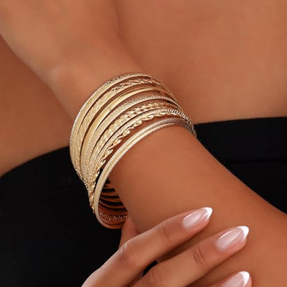 Gold Bangles for Women, 12 Pcs Boho Stackable Bracelets Multi Layer Textured Chunky Bracelets Jewelry Set for Women - color: Style D- 10 pcs gold