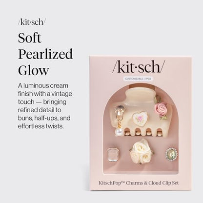 KitschPop ™ Hair Clips For Women with Charm Sets- Pearlized Cream, 7pcs Set | Customizable Cloud Claw Clip With Interchangeable Collectible Cute Charms – Hair Clips For Styling Updo, Half Updos - color: Pearlized Cream