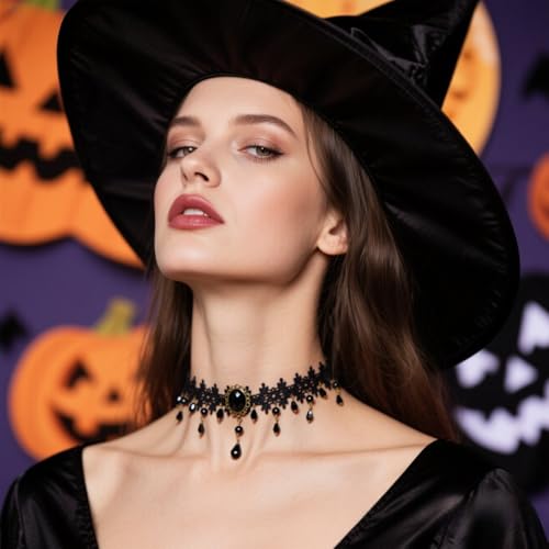 CSIYANJRY99 Gothic Choker Necklace for Women Halloween Red Crystal Vampire Choker Steampunk Lace Choker Witch Costume Accessories - style: Long and short tassels