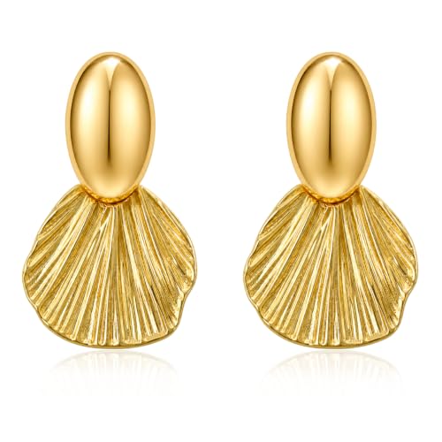 OGD Chunky Gold Statement Earrings For Women Trendy Gold Plated Sectored Flower Leaf Angel Wing Earrings Large Stud Jewlery Hypoallergenic - color: Shell-Gold