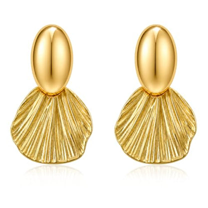 OGD Chunky Gold Statement Earrings For Women Trendy Gold Plated Sectored Flower Leaf Angel Wing Earrings Large Stud Jewlery Hypoallergenic - color: Shell-Gold