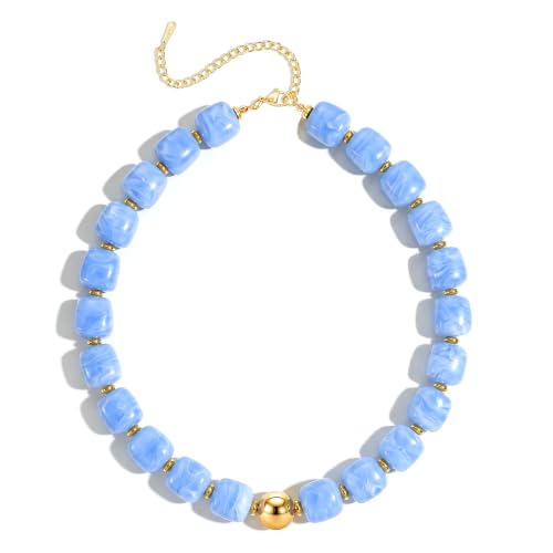 Ritach Chunky Beaded Necklaces for Women - Colorful Large Square Acrylic Beaded Necklace Boho Chunky Necklace Adjustable Statement Choker Necklace for Women Waterproof Summer Beach Jewelry Gifts - color: Sky Blue