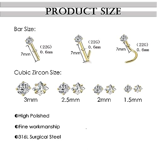 14k Gold Plated 316L Surgical Steel 22g/20g/18g Nose Rings Studs L-Shape Bone Screw Nostril Piercing 1.5mm 2mm 2.5mm 3mm 3.5mm 4.5mm CZ Nose Studs for Women - color: 22g 8pcs Bone Gold 316L Surgical Steel