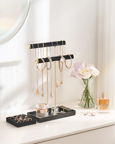 Lolalet 2-Tier Necklace Holder Display, Jewelry Stand with Ring Tray -Black | Velvet Wrapped Jewelry Organizer, Tall Bracelet Stand for Bangles Watches Earrings, Gifts for Mom Girls Women Mother's Day - color: Black