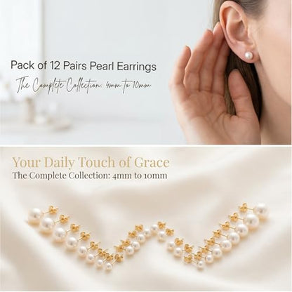 12 Pairs Pearl Stud Earrings for Women | White Pearl CZ Ball Hypoallergenic Earrings, Bridal Simulated Pearl Rhinestone Pearls Stud Earrings Jewelry Set for Wedding - color: Gold