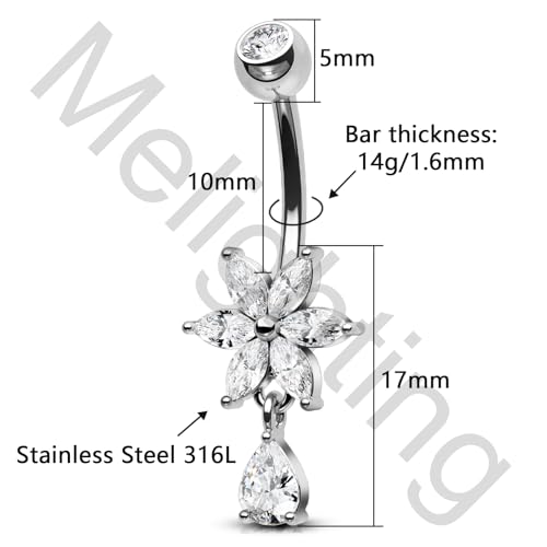 Melighting 14G Clear Belly Button Ring, Flower Belly Piercing Jewelry Surgical Steel 316L, Dangle Teardrop CZ Navel Piercing Barbell, 10 mm Silver Lotus Body Jewellery for Women