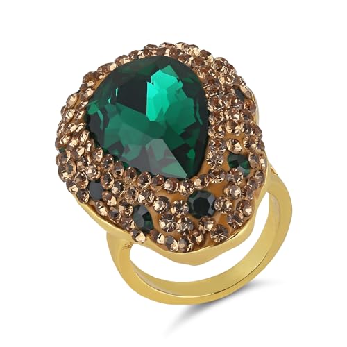 HZMAN Natural Stone Statement Ring for Women, Crystal Paved Bold Cocktail Ring, Adjustable Gold Tone Fashion Jewelry - color: Teardrop Emerald Cut Green