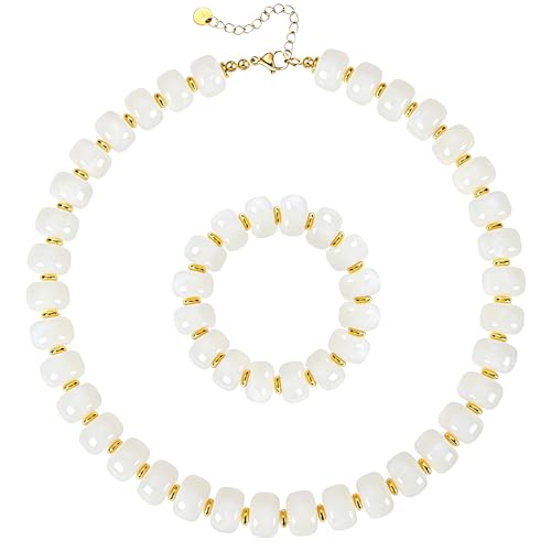 NEWITIN 2 Pieces Summer Beach Jewelry for Women Chunky Beaded Necklace Bracelet Trendy Big Resin Beaded Choker Boho Charm Statement Colorful Jewelry Set for Women - color: White