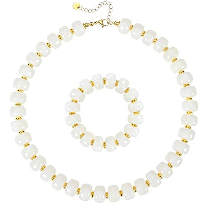 NEWITIN 2 Pieces Summer Beach Jewelry for Women Chunky Beaded Necklace Bracelet Trendy Big Resin Beaded Choker Boho Charm Statement Colorful Jewelry Set for Women - color: White